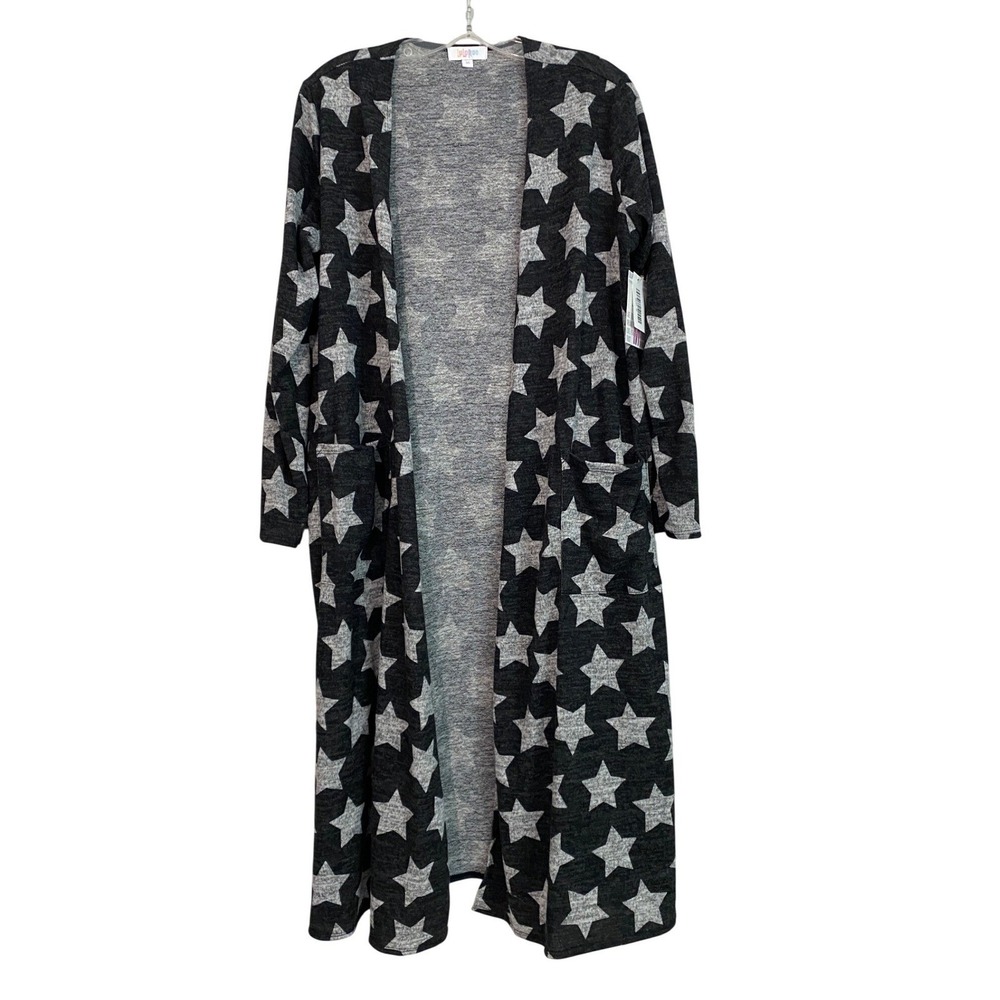 Big Stars Print Unicorn LuLaRoe Sarah Duster Cardigan Charcoal Gray White M NWT